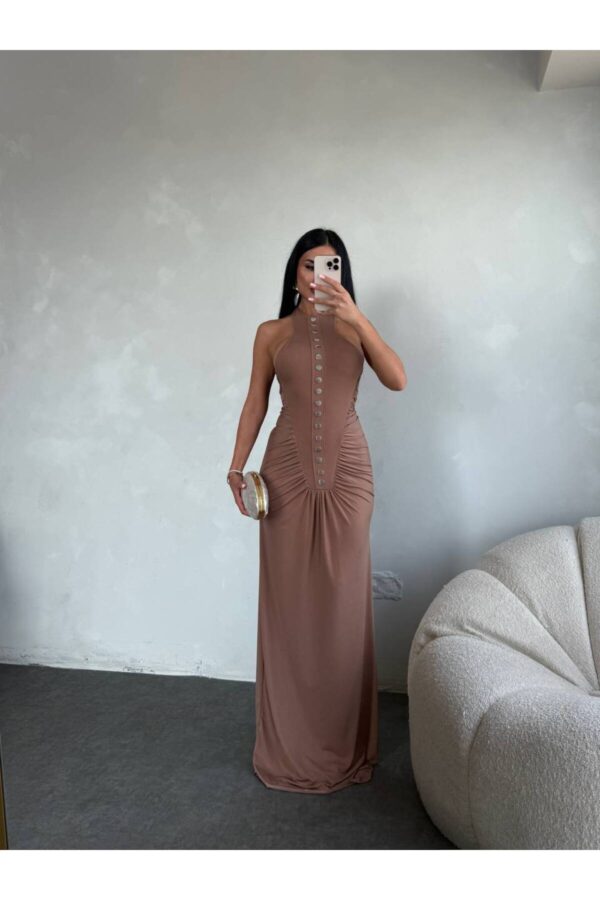 Elegant Silver Button Detail Long Dress