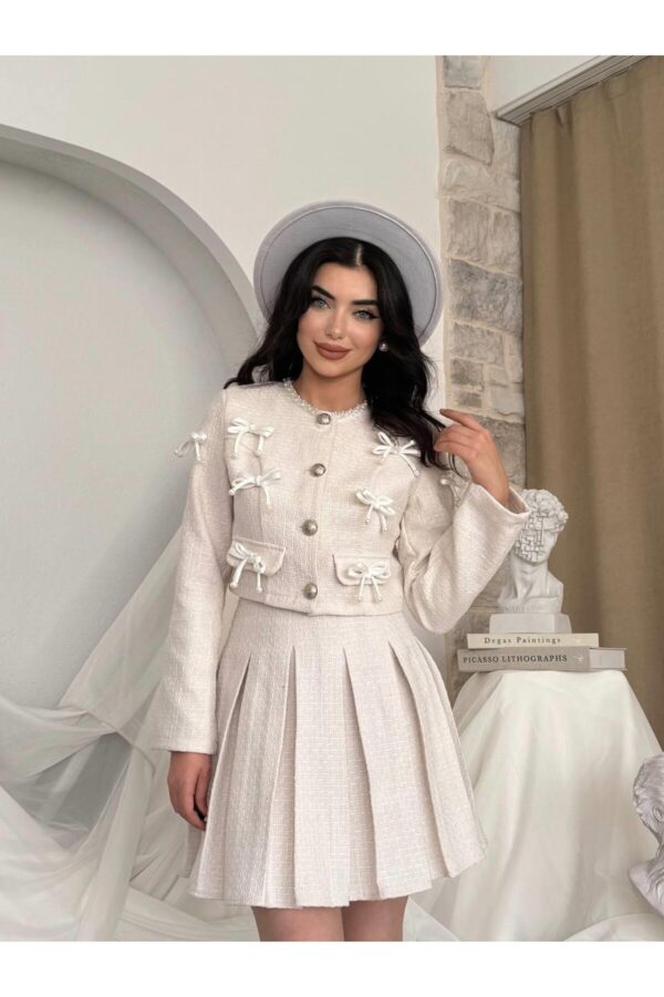 Bow Detail Tweed Jacket Skirt Set